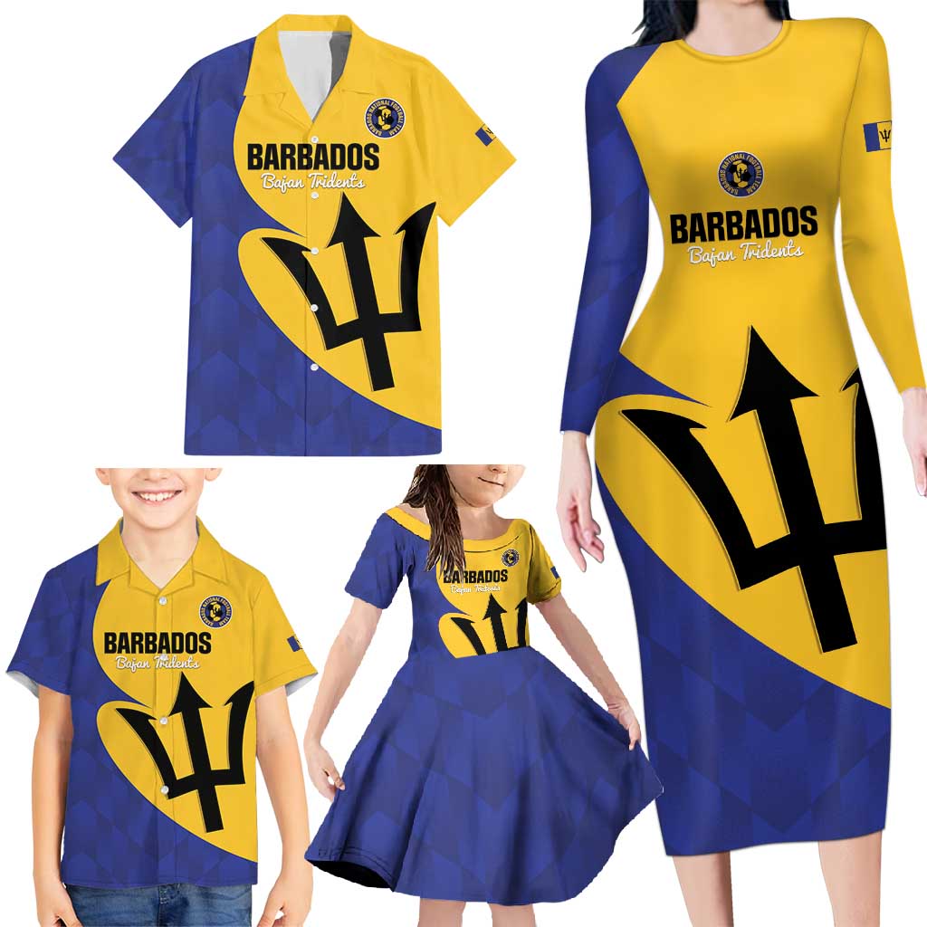 Custom Barbados Football Family Matching Long Sleeve Bodycon Dress and Hawaiian Shirt Go Champions Bajan Tridents - Wonder Print Shop
