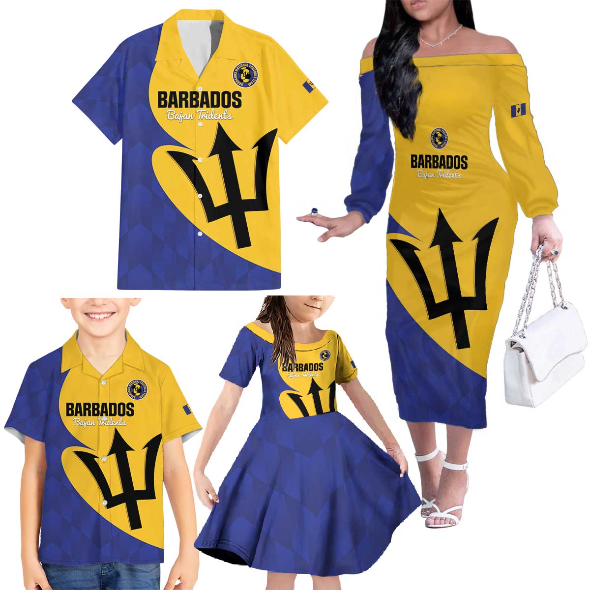 Custom Barbados Football Family Matching Off The Shoulder Long Sleeve Dress and Hawaiian Shirt Go Champions Bajan Tridents