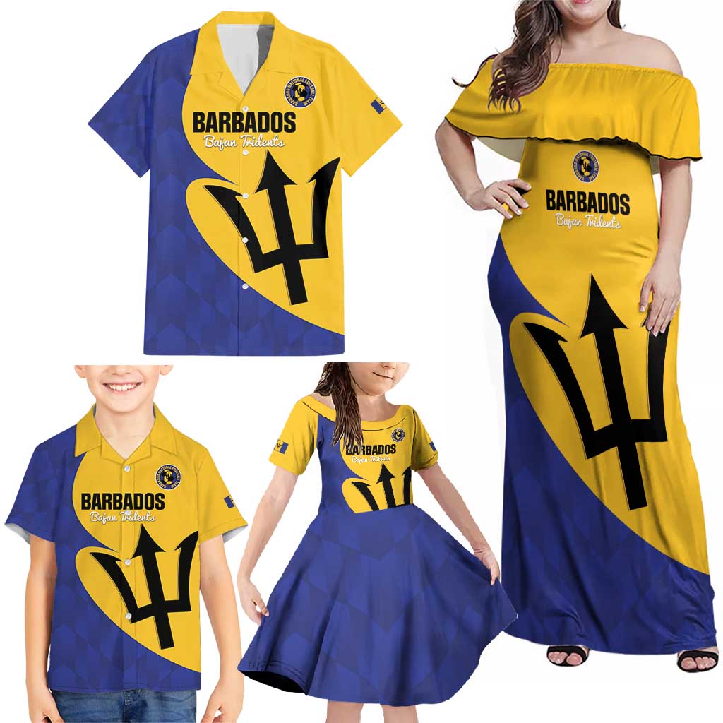 Custom Barbados Football Family Matching Off Shoulder Maxi Dress and Hawaiian Shirt Go Champions Bajan Tridents - Wonder Print Shop