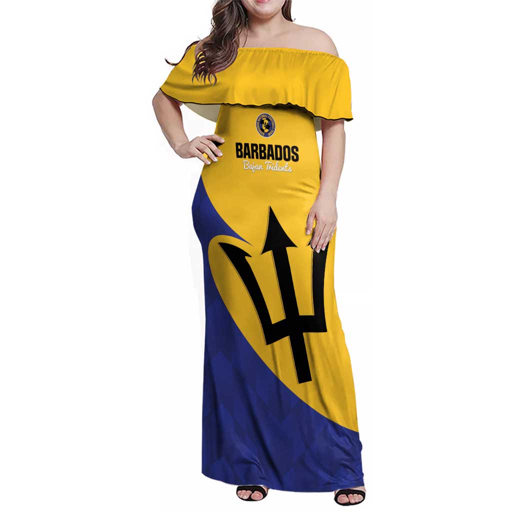 Custom Barbados Football Family Matching Off Shoulder Maxi Dress and Hawaiian Shirt Go Champions Bajan Tridents - Wonder Print Shop