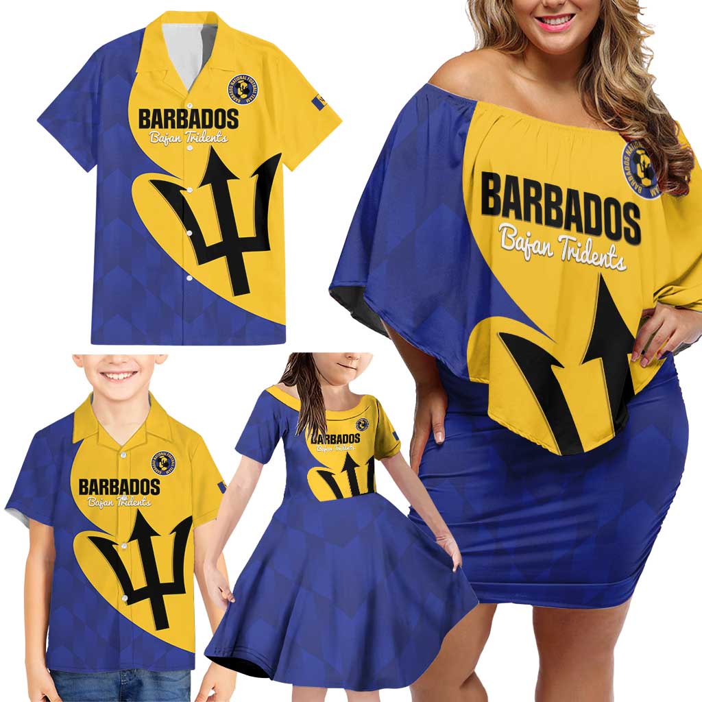 Custom Barbados Football Family Matching Off Shoulder Short Dress and Hawaiian Shirt Go Champions Bajan Tridents - Wonder Print Shop