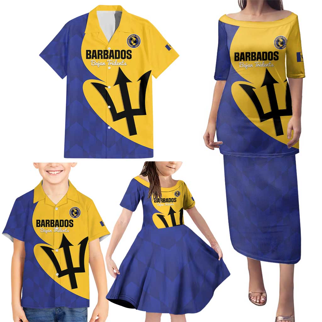 Custom Barbados Football Family Matching Puletasi and Hawaiian Shirt Go Champions Bajan Tridents
