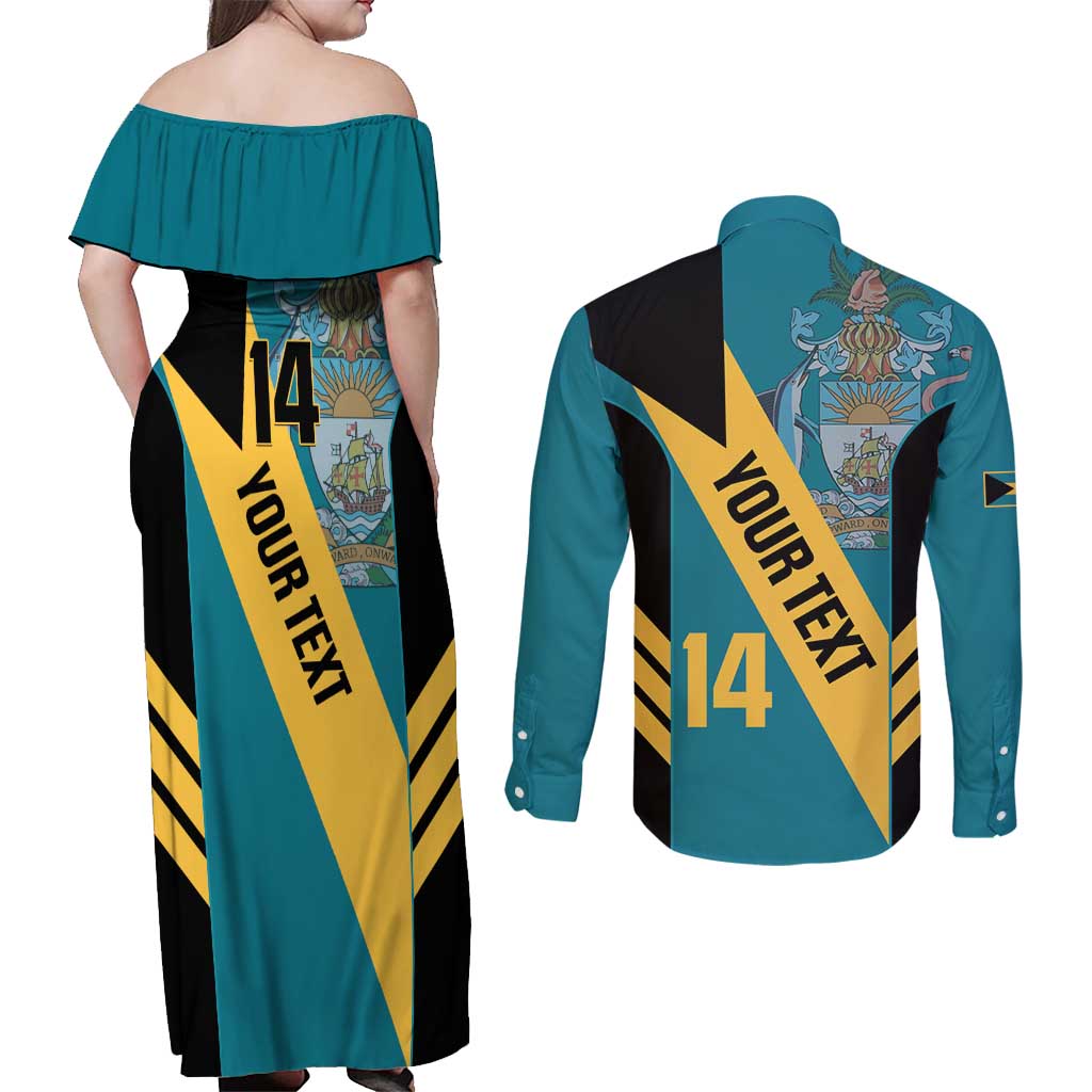 Custom Bahamas Football Couples Matching Off Shoulder Maxi Dress and Long Sleeve Button Shirt Go Bahamian Slayersz