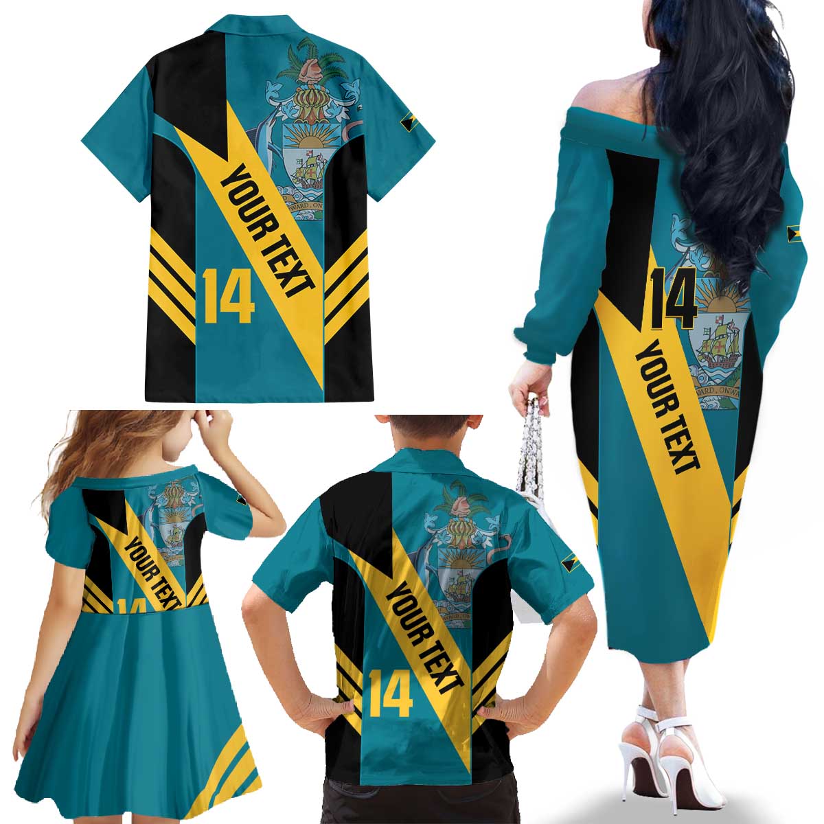 Custom Bahamas Football Family Matching Off The Shoulder Long Sleeve Dress and Hawaiian Shirt Go Bahamian Slayersz