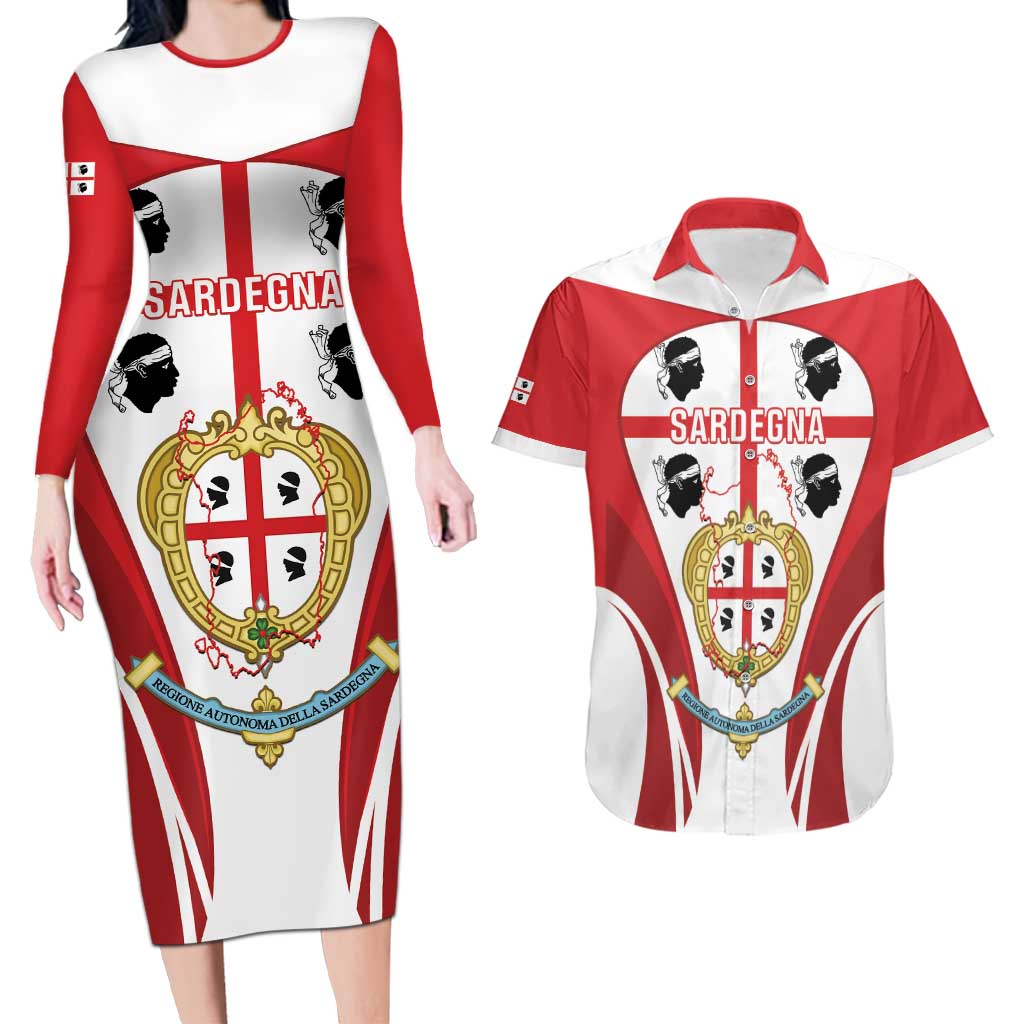 Personalised Sardinia Italy Couples Matching Long Sleeve Bodycon Dress and Hawaiian Shirt Sardegna Quattro Mori Coat Of Arms