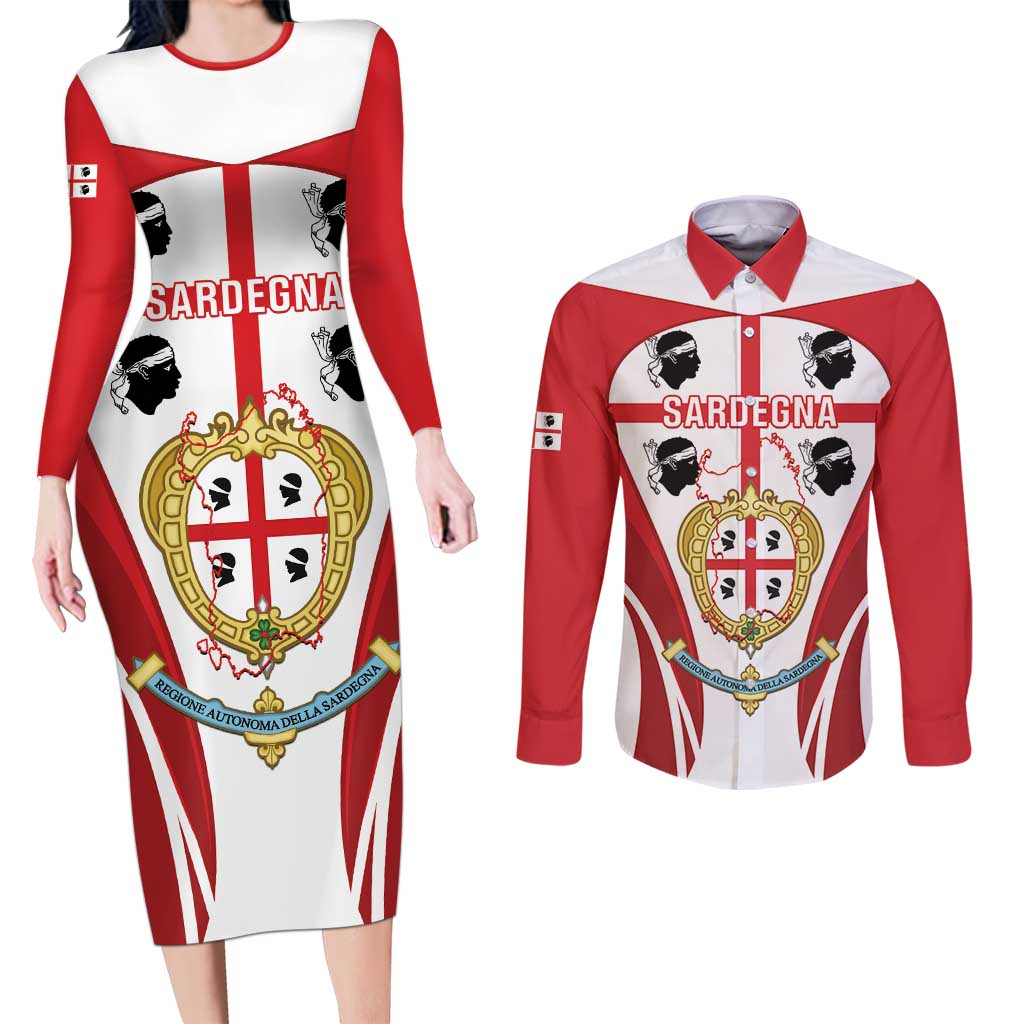 Personalised Sardinia Italy Couples Matching Long Sleeve Bodycon Dress and Long Sleeve Button Shirt Sardegna Quattro Mori Coat Of Arms
