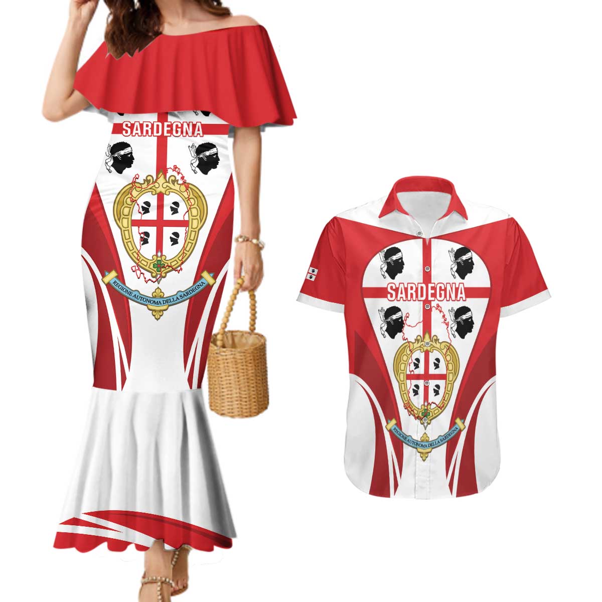 Personalised Sardinia Italy Couples Matching Mermaid Dress and Hawaiian Shirt Sardegna Quattro Mori Coat Of Arms