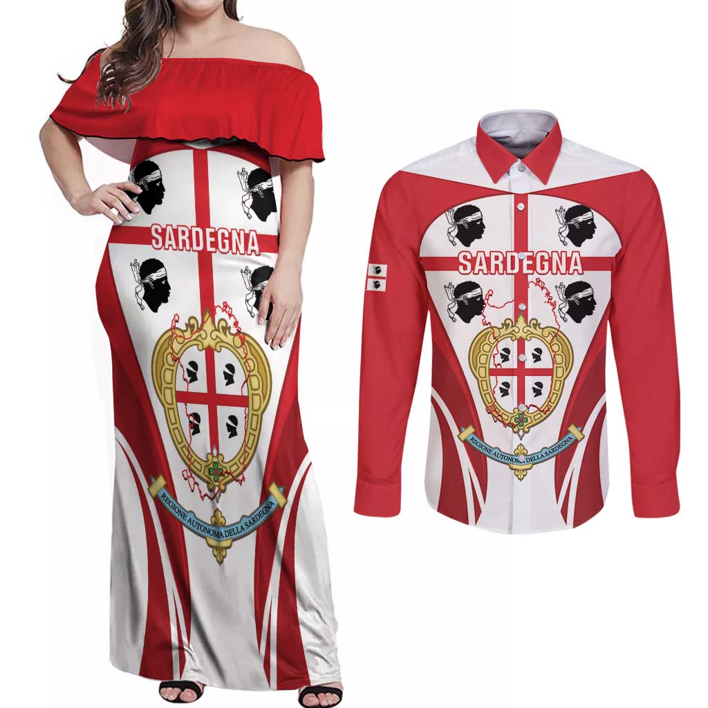 Personalised Sardinia Italy Couples Matching Off Shoulder Maxi Dress and Long Sleeve Button Shirt Sardegna Quattro Mori Coat Of Arms