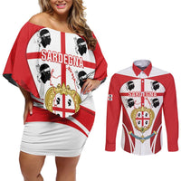 Personalised Sardinia Italy Couples Matching Off Shoulder Short Dress and Long Sleeve Button Shirt Sardegna Quattro Mori Coat Of Arms