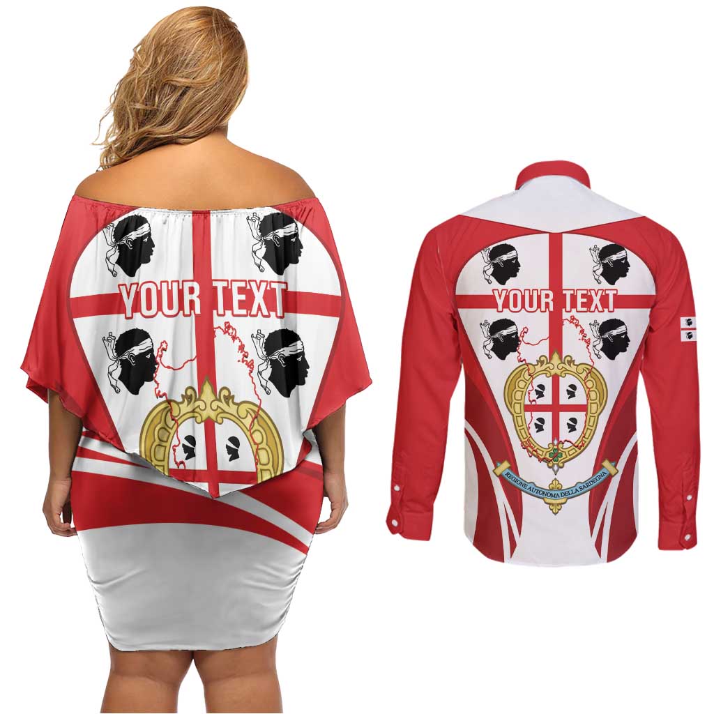 Personalised Sardinia Italy Couples Matching Off Shoulder Short Dress and Long Sleeve Button Shirt Sardegna Quattro Mori Coat Of Arms