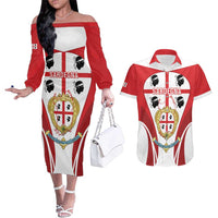 Personalised Sardinia Italy Couples Matching Off The Shoulder Long Sleeve Dress and Hawaiian Shirt Sardegna Quattro Mori Coat Of Arms