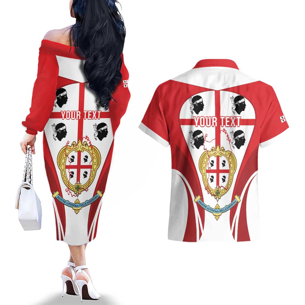 Personalised Sardinia Italy Couples Matching Off The Shoulder Long Sleeve Dress and Hawaiian Shirt Sardegna Quattro Mori Coat Of Arms