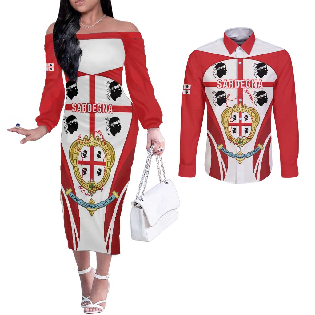 Personalised Sardinia Italy Couples Matching Off The Shoulder Long Sleeve Dress and Long Sleeve Button Shirt Sardegna Quattro Mori Coat Of Arms
