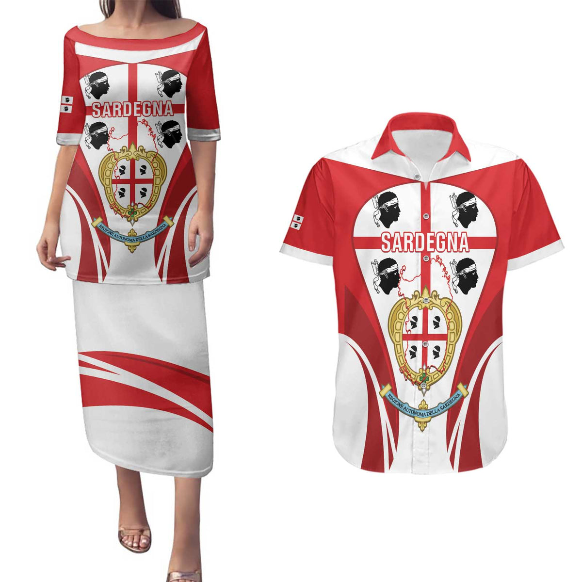 Personalised Sardinia Italy Couples Matching Puletasi and Hawaiian Shirt Sardegna Quattro Mori Coat Of Arms