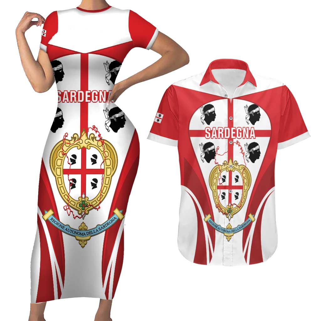 Personalised Sardinia Italy Couples Matching Short Sleeve Bodycon Dress and Hawaiian Shirt Sardegna Quattro Mori Coat Of Arms