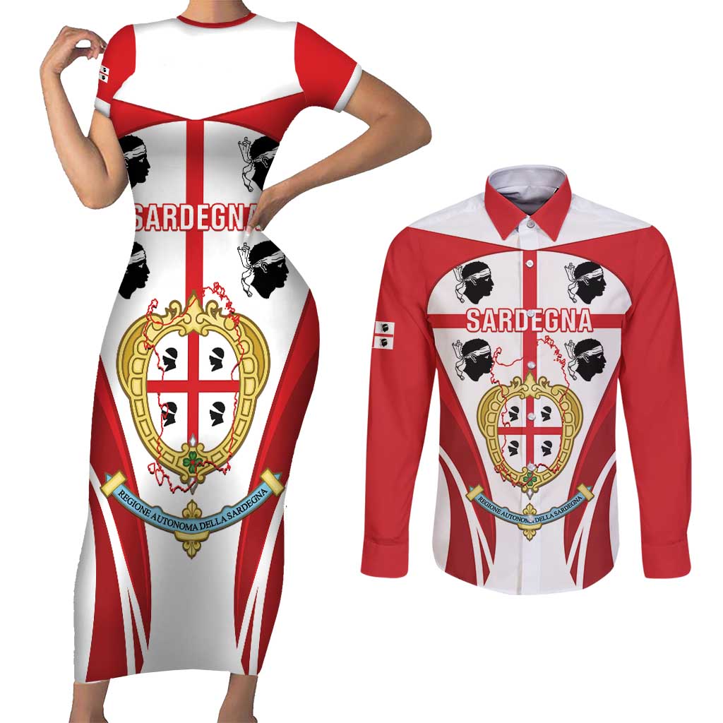 Personalised Sardinia Italy Couples Matching Short Sleeve Bodycon Dress and Long Sleeve Button Shirt Sardegna Quattro Mori Coat Of Arms