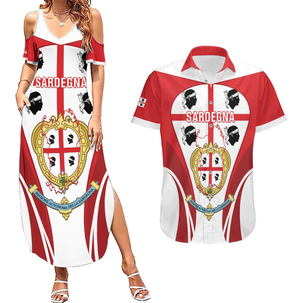 Personalised Sardinia Italy Couples Matching Summer Maxi Dress and Hawaiian Shirt Sardegna Quattro Mori Coat Of Arms