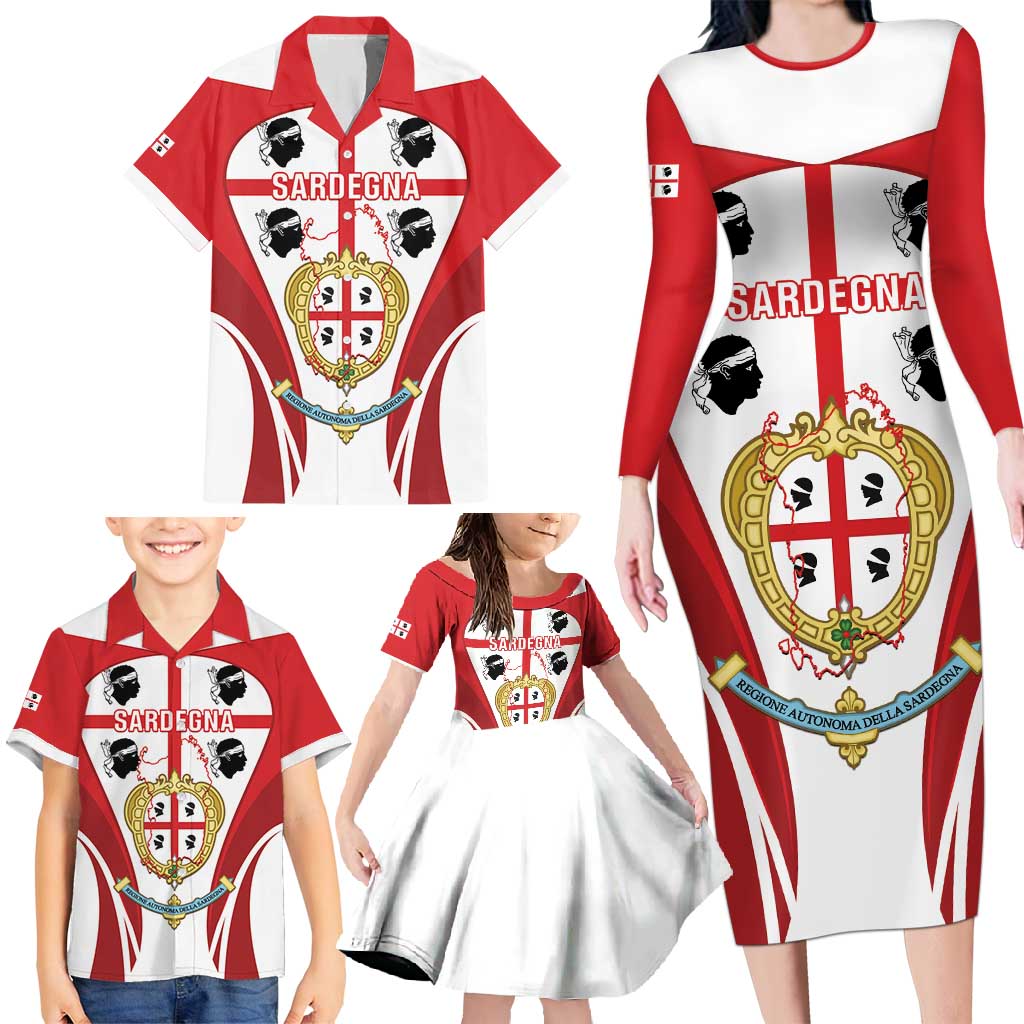 Personalised Sardinia Italy Family Matching Long Sleeve Bodycon Dress and Hawaiian Shirt Sardegna Quattro Mori Coat Of Arms