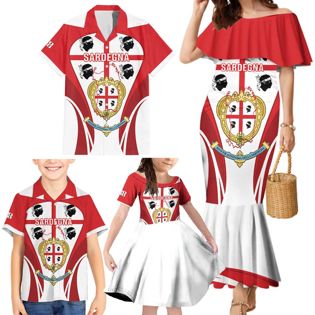 Personalised Sardinia Italy Family Matching Mermaid Dress and Hawaiian Shirt Sardegna Quattro Mori Coat Of Arms