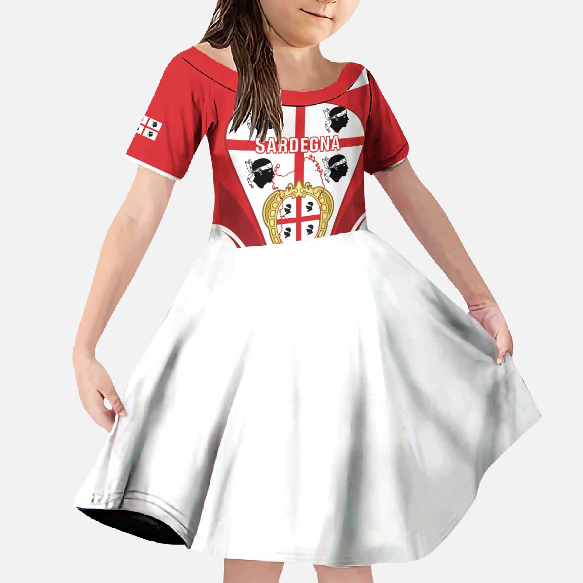 Personalised Sardinia Italy Family Matching Off The Shoulder Long Sleeve Dress and Hawaiian Shirt Sardegna Quattro Mori Coat Of Arms