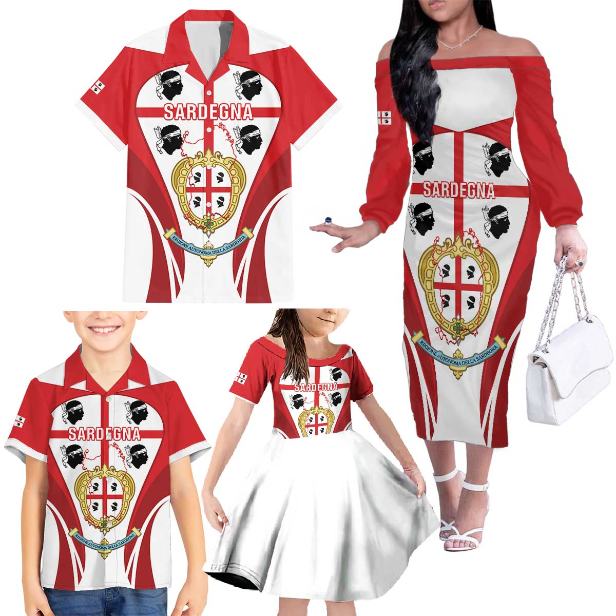 Personalised Sardinia Italy Family Matching Off The Shoulder Long Sleeve Dress and Hawaiian Shirt Sardegna Quattro Mori Coat Of Arms