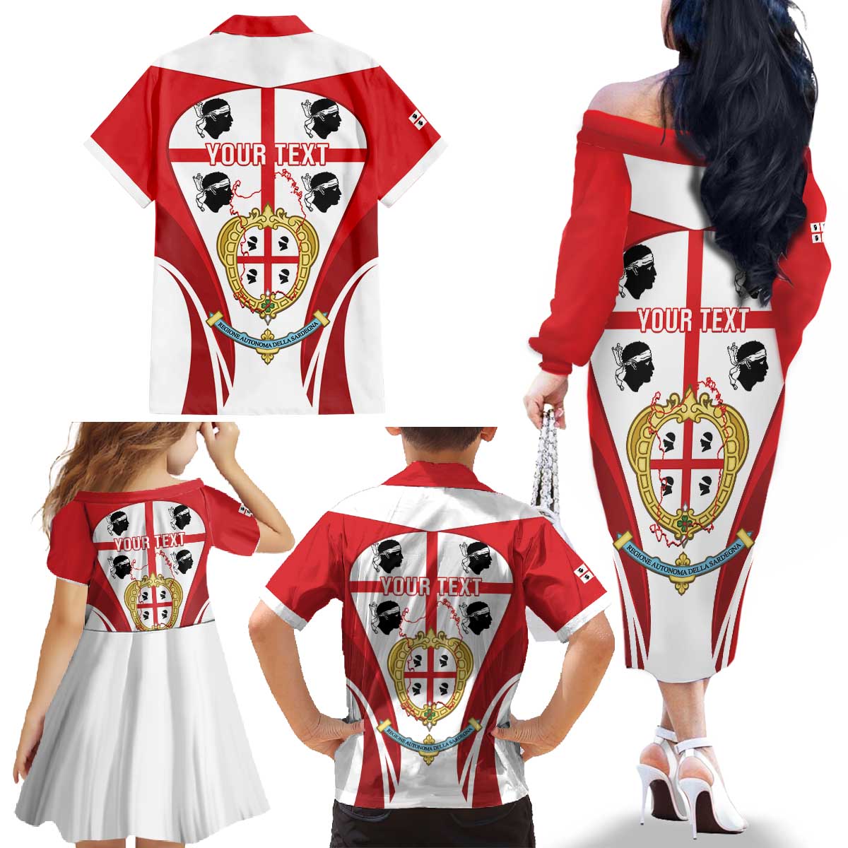Personalised Sardinia Italy Family Matching Off The Shoulder Long Sleeve Dress and Hawaiian Shirt Sardegna Quattro Mori Coat Of Arms