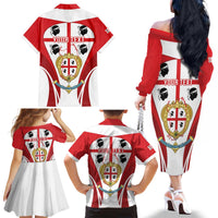Personalised Sardinia Italy Family Matching Off The Shoulder Long Sleeve Dress and Hawaiian Shirt Sardegna Quattro Mori Coat Of Arms