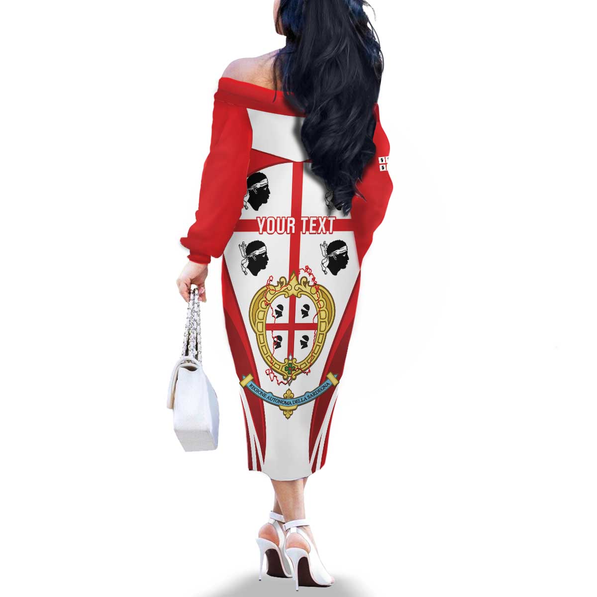 Personalised Sardinia Italy Family Matching Off The Shoulder Long Sleeve Dress and Hawaiian Shirt Sardegna Quattro Mori Coat Of Arms