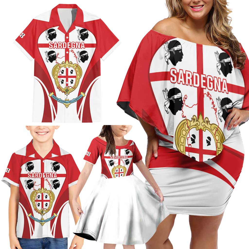 Personalised Sardinia Italy Family Matching Off Shoulder Short Dress and Hawaiian Shirt Sardegna Quattro Mori Coat Of Arms