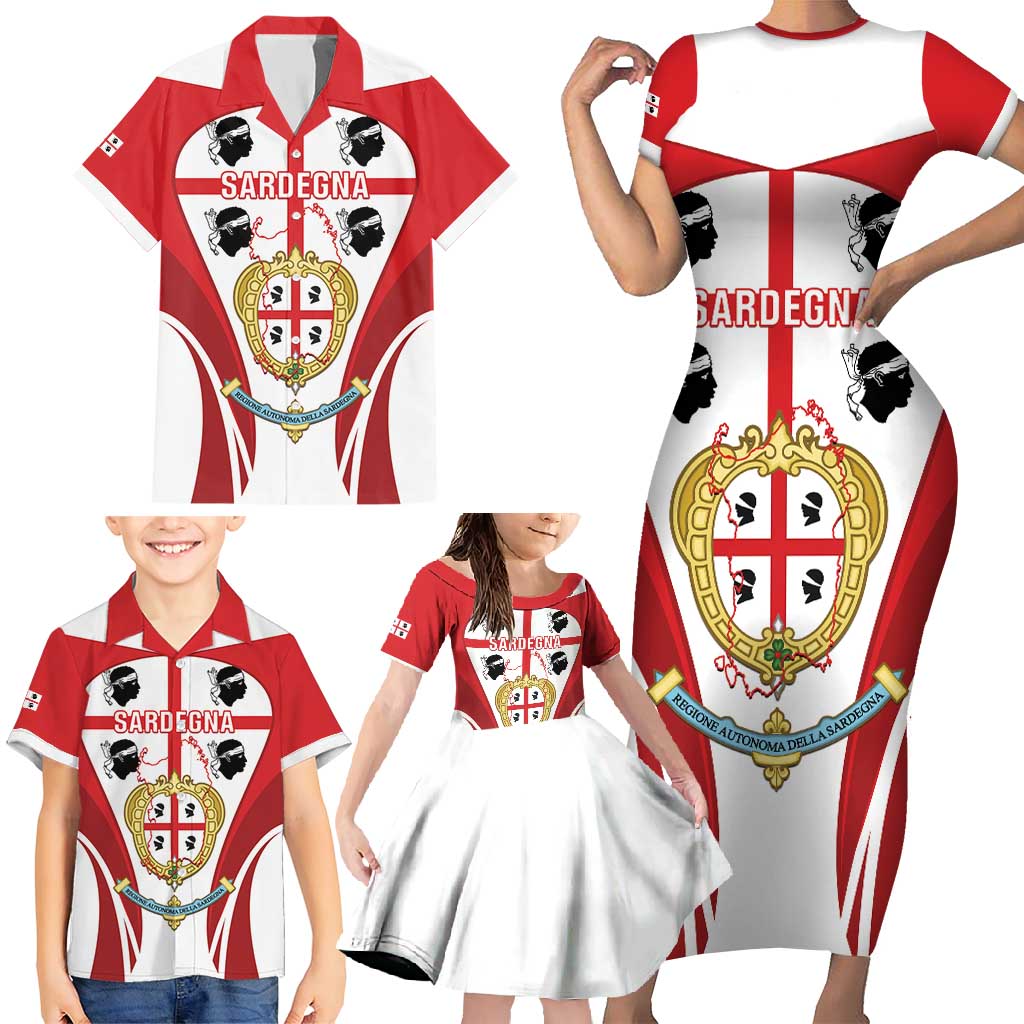 Personalised Sardinia Italy Family Matching Short Sleeve Bodycon Dress and Hawaiian Shirt Sardegna Quattro Mori Coat Of Arms