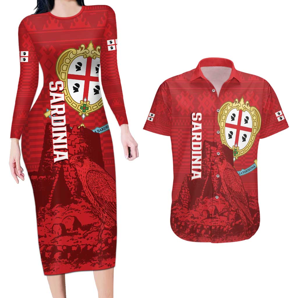Personalised Sardinia Italy Couples Matching Long Sleeve Bodycon Dress and Hawaiian Shirt Sardegna Nuraghe With Falcon