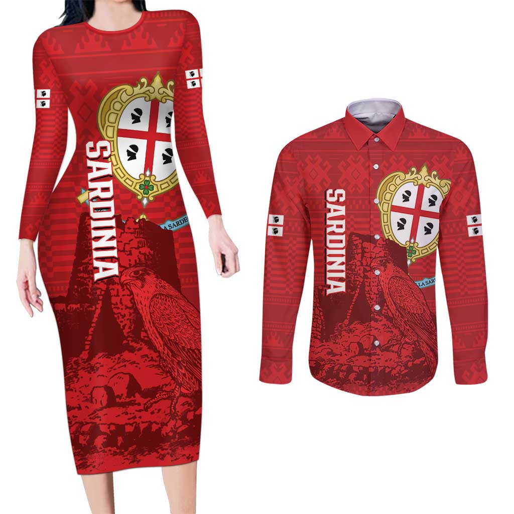 Personalised Sardinia Italy Couples Matching Long Sleeve Bodycon Dress and Long Sleeve Button Shirt Sardegna Nuraghe With Falcon