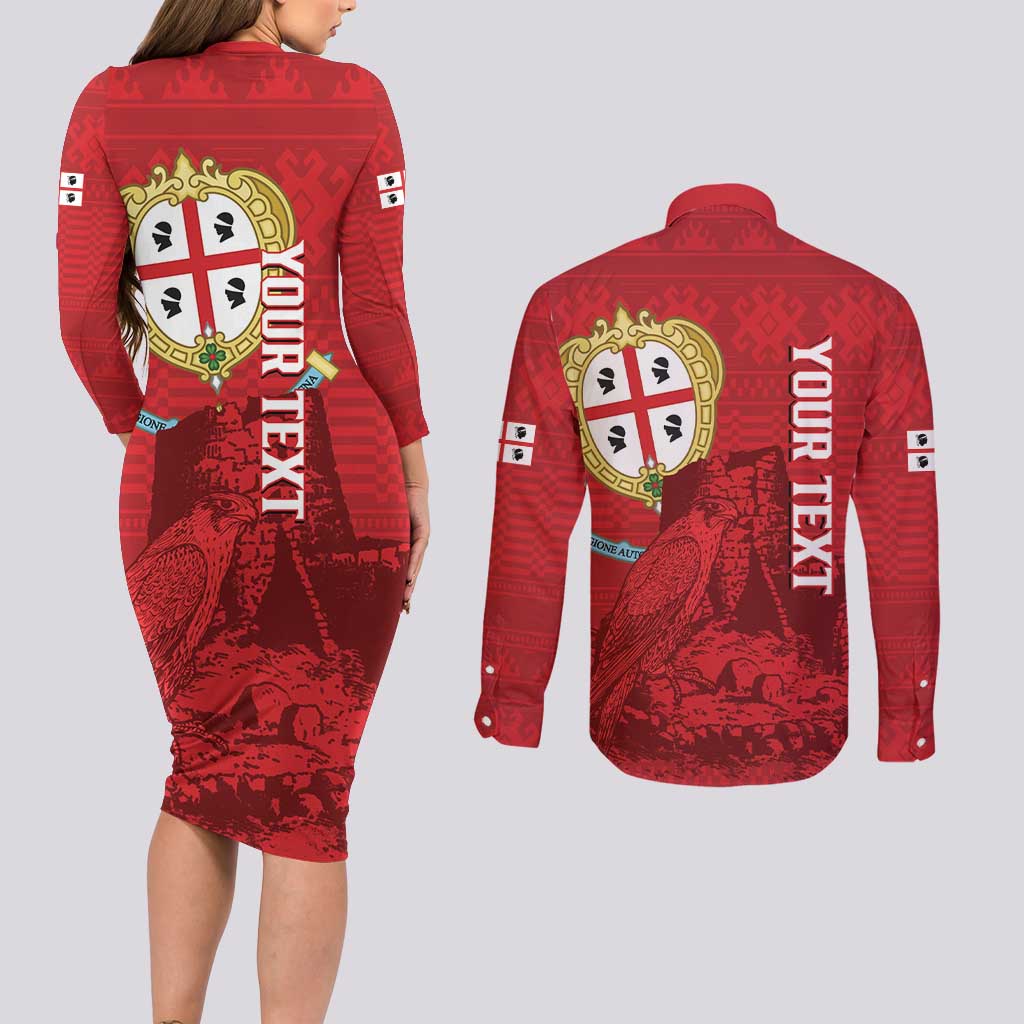 Personalised Sardinia Italy Couples Matching Long Sleeve Bodycon Dress and Long Sleeve Button Shirt Sardegna Nuraghe With Falcon