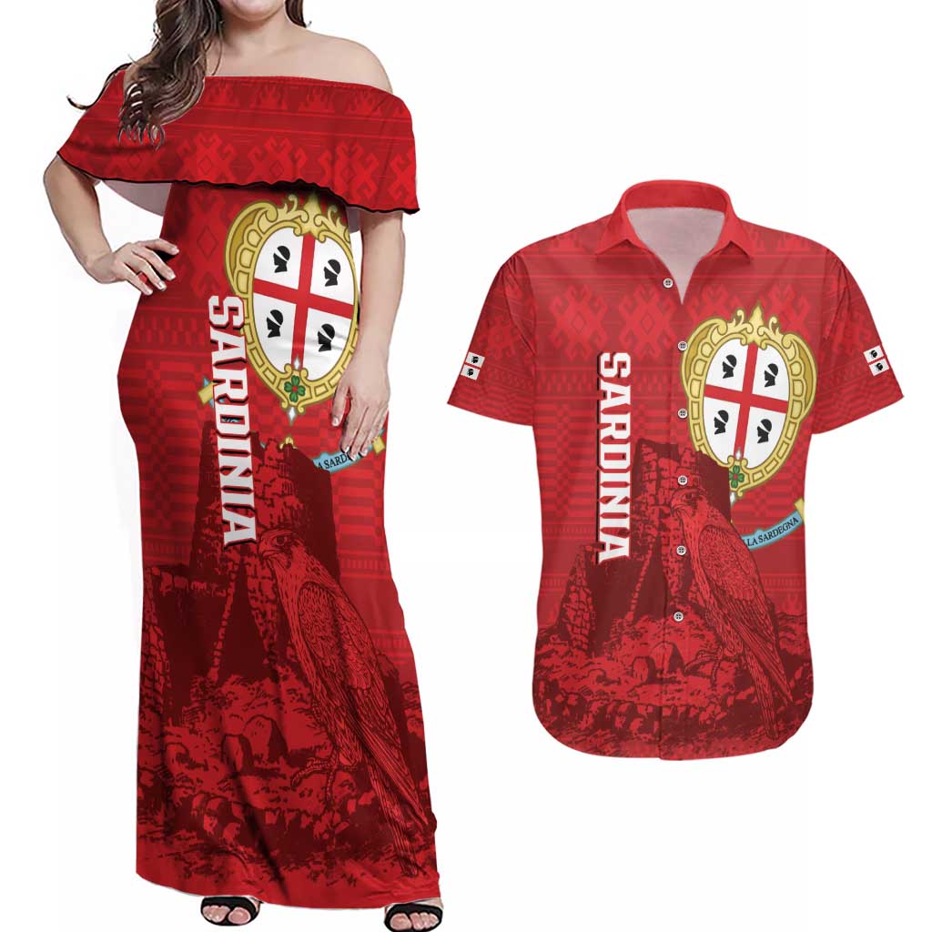 Personalised Sardinia Italy Couples Matching Off Shoulder Maxi Dress and Hawaiian Shirt Sardegna Nuraghe With Falcon