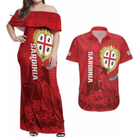 Personalised Sardinia Italy Couples Matching Off Shoulder Maxi Dress and Hawaiian Shirt Sardegna Nuraghe With Falcon