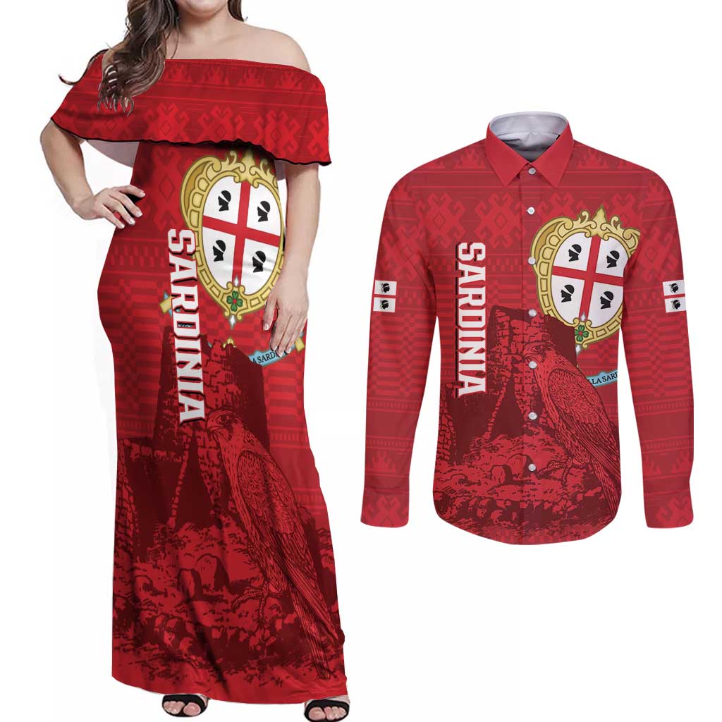 Personalised Sardinia Italy Couples Matching Off Shoulder Maxi Dress and Long Sleeve Button Shirt Sardegna Nuraghe With Falcon