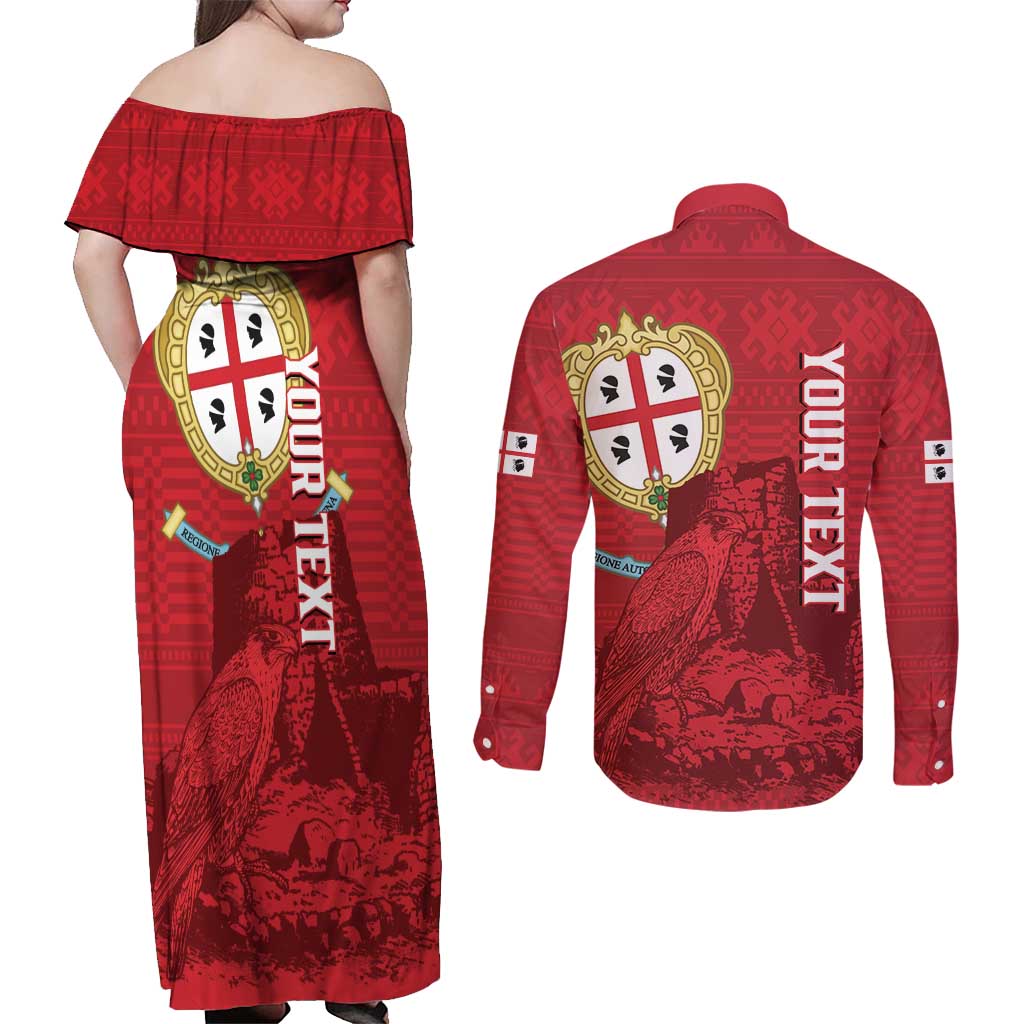 Personalised Sardinia Italy Couples Matching Off Shoulder Maxi Dress and Long Sleeve Button Shirt Sardegna Nuraghe With Falcon