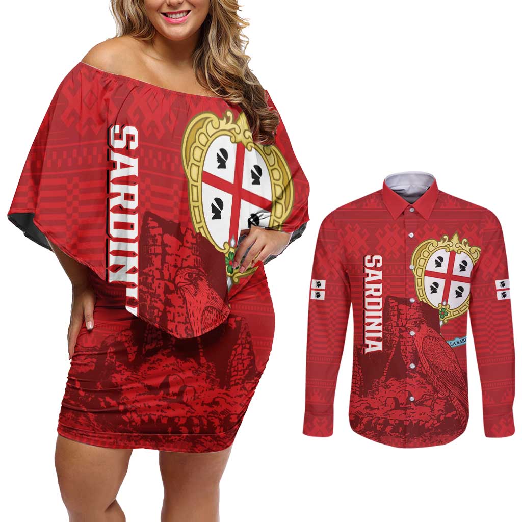 Personalised Sardinia Italy Couples Matching Off Shoulder Short Dress and Long Sleeve Button Shirt Sardegna Nuraghe With Falcon