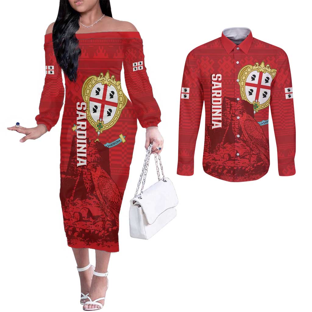 Personalised Sardinia Italy Couples Matching Off The Shoulder Long Sleeve Dress and Long Sleeve Button Shirt Sardegna Nuraghe With Falcon