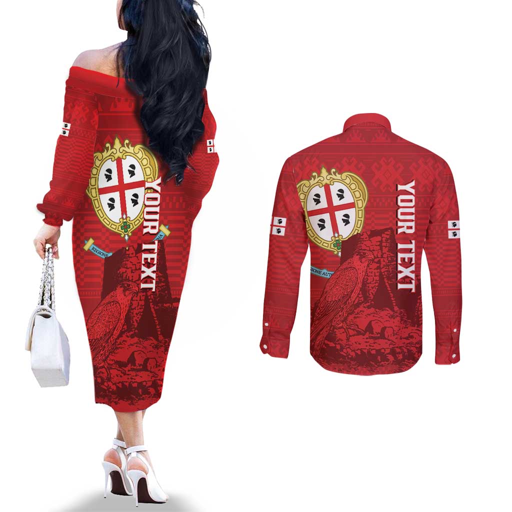 Personalised Sardinia Italy Couples Matching Off The Shoulder Long Sleeve Dress and Long Sleeve Button Shirt Sardegna Nuraghe With Falcon