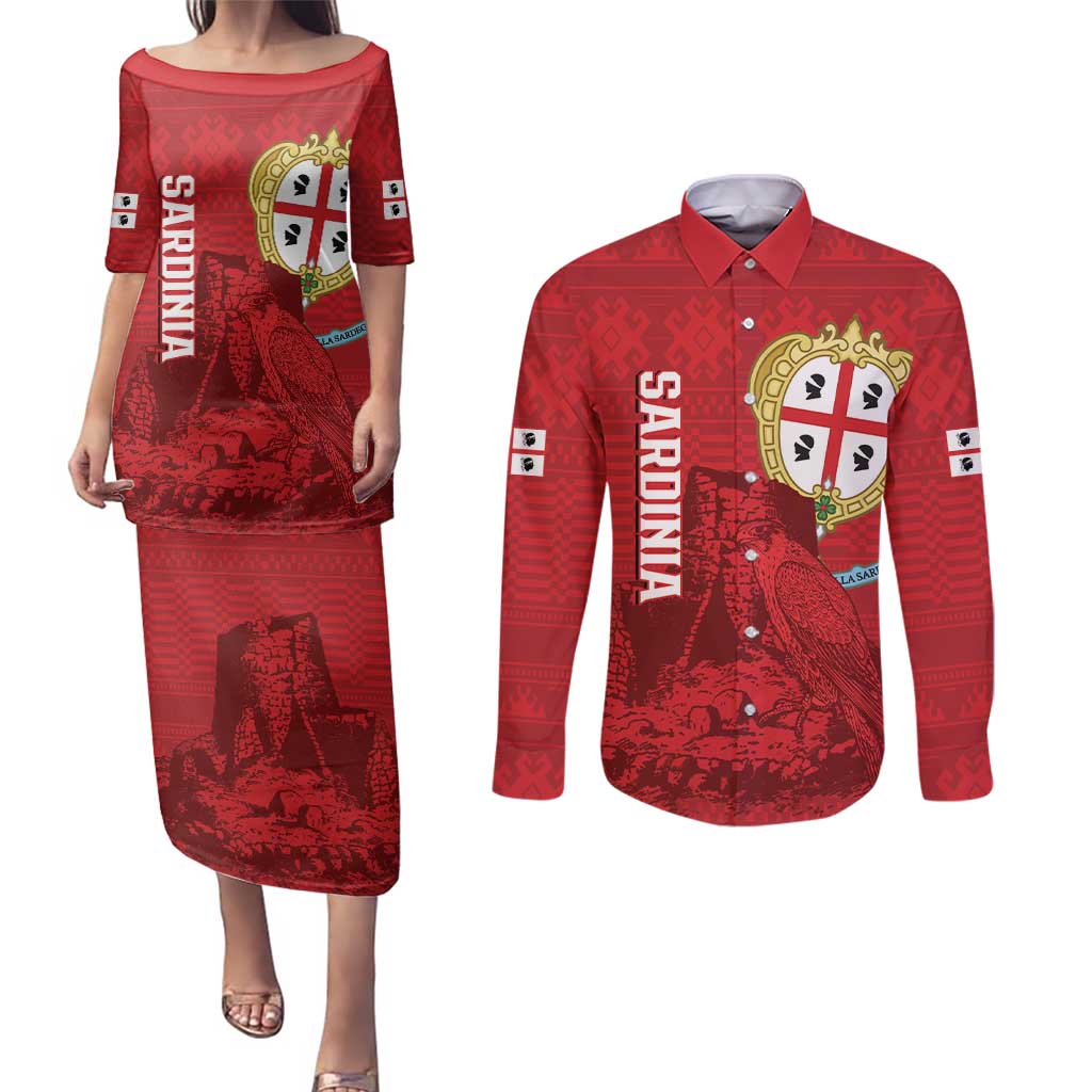 Personalised Sardinia Italy Couples Matching Puletasi and Long Sleeve Button Shirt Sardegna Nuraghe With Falcon