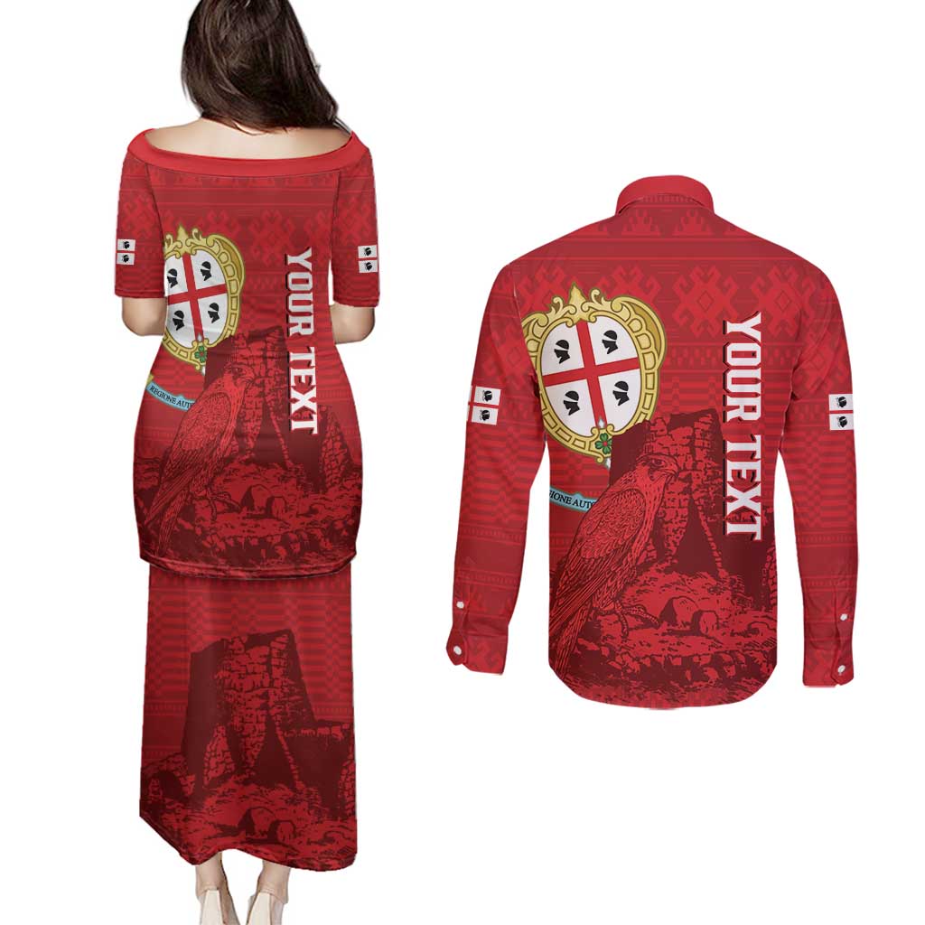 Personalised Sardinia Italy Couples Matching Puletasi and Long Sleeve Button Shirt Sardegna Nuraghe With Falcon