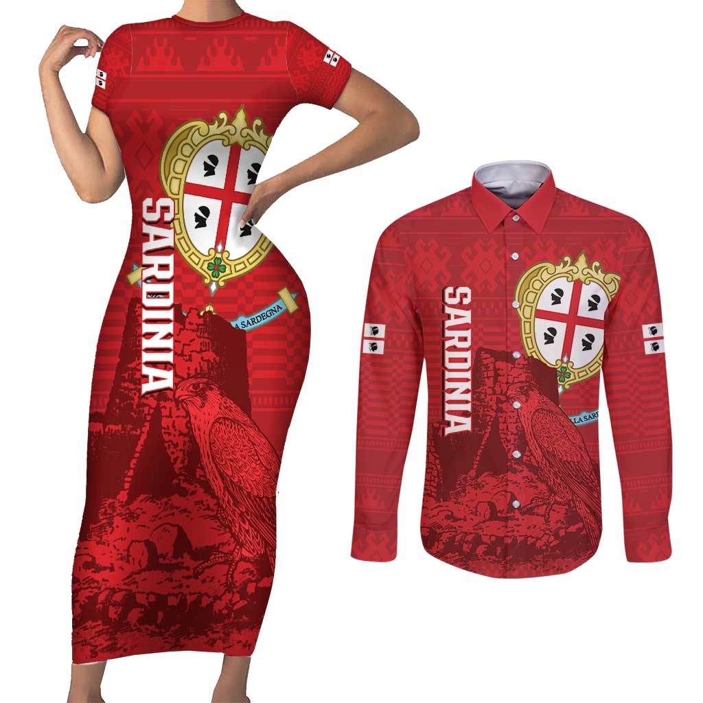 Personalised Sardinia Italy Couples Matching Short Sleeve Bodycon Dress and Long Sleeve Button Shirt Sardegna Nuraghe With Falcon
