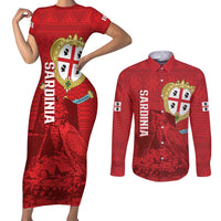 Personalised Sardinia Italy Couples Matching Short Sleeve Bodycon Dress and Long Sleeve Button Shirt Sardegna Nuraghe With Falcon