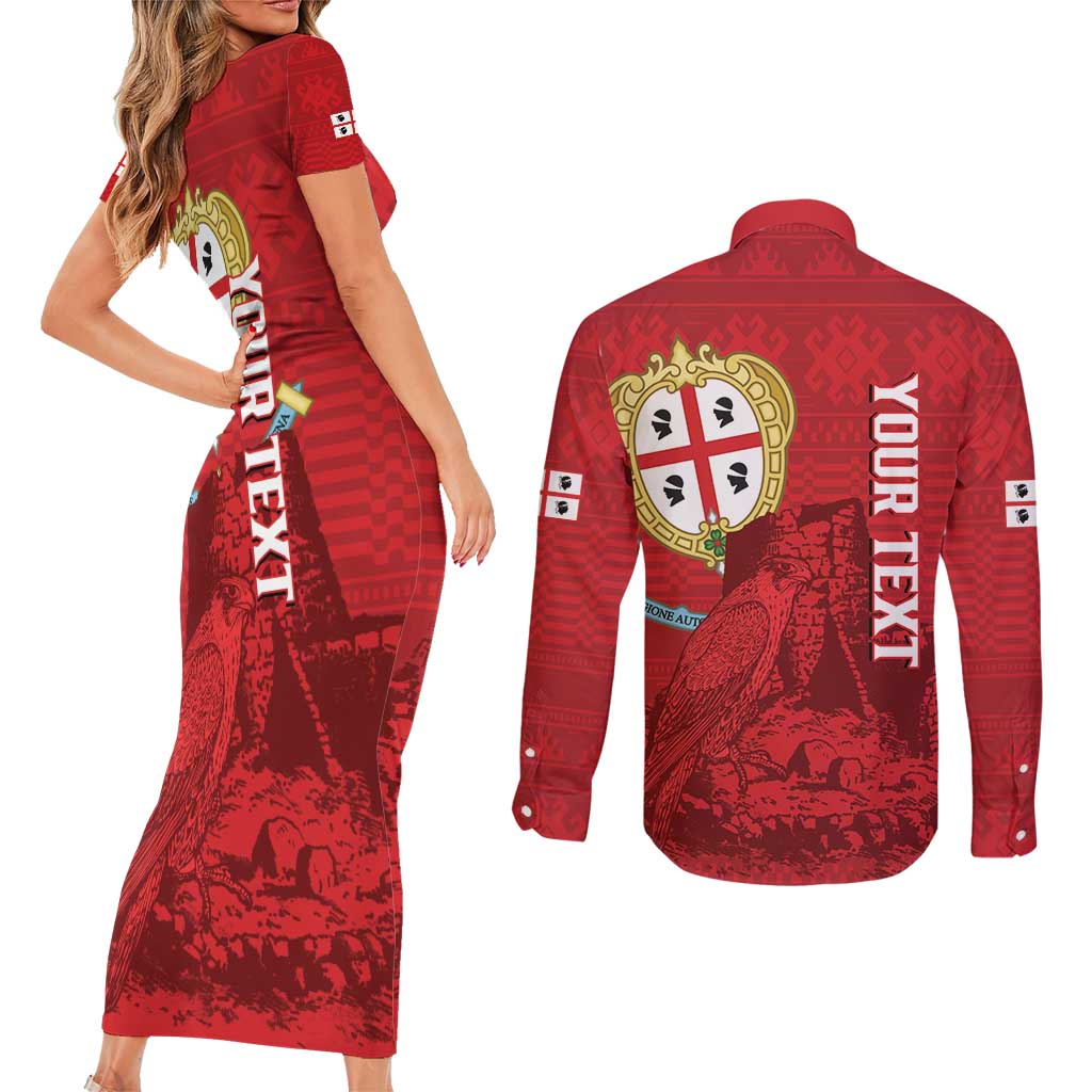 Personalised Sardinia Italy Couples Matching Short Sleeve Bodycon Dress and Long Sleeve Button Shirt Sardegna Nuraghe With Falcon