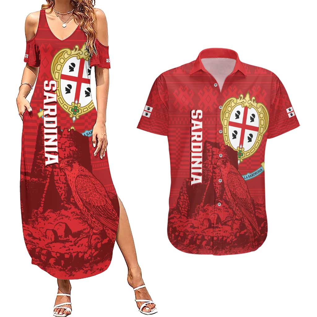 Personalised Sardinia Italy Couples Matching Summer Maxi Dress and Hawaiian Shirt Sardegna Nuraghe With Falcon