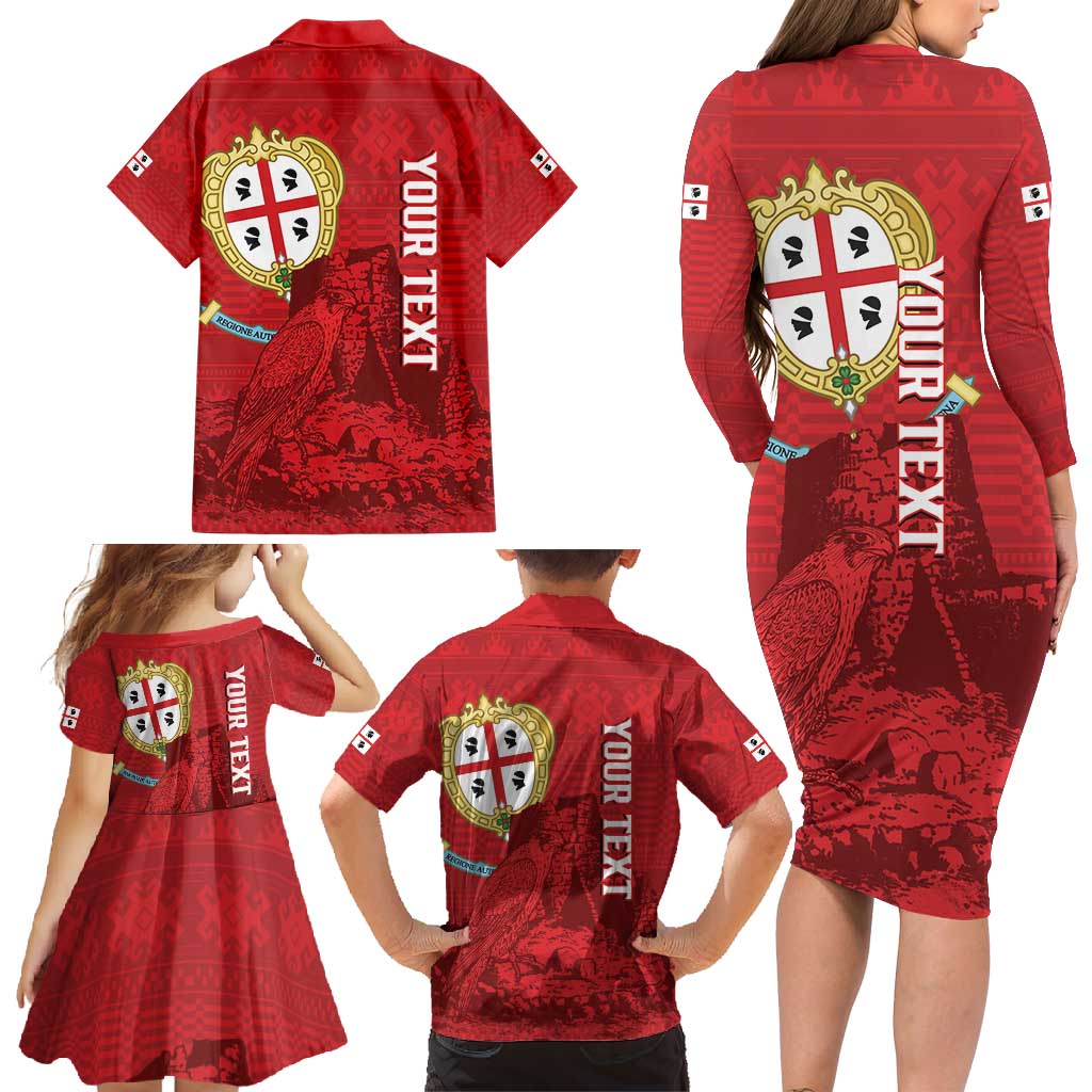 Personalised Sardinia Italy Family Matching Long Sleeve Bodycon Dress and Hawaiian Shirt Sardegna Nuraghe With Falcon