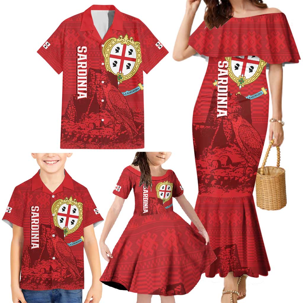 Personalised Sardinia Italy Family Matching Mermaid Dress and Hawaiian Shirt Sardegna Nuraghe With Falcon