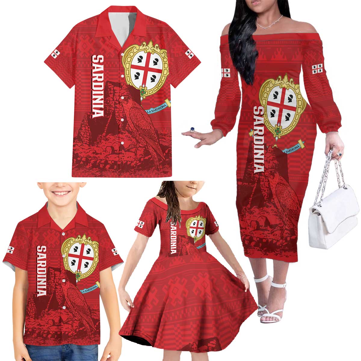Personalised Sardinia Italy Family Matching Off The Shoulder Long Sleeve Dress and Hawaiian Shirt Sardegna Nuraghe With Falcon