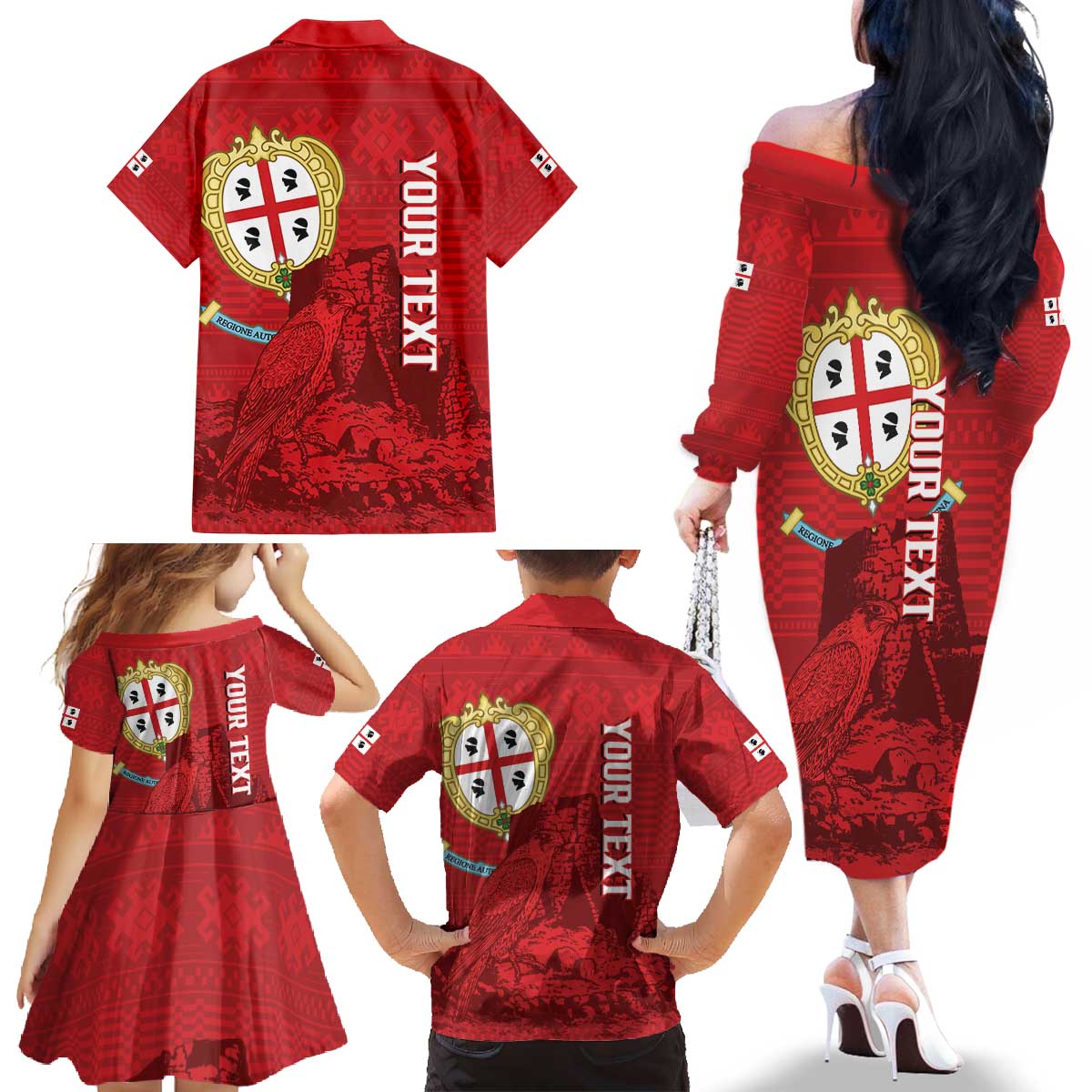 Personalised Sardinia Italy Family Matching Off The Shoulder Long Sleeve Dress and Hawaiian Shirt Sardegna Nuraghe With Falcon
